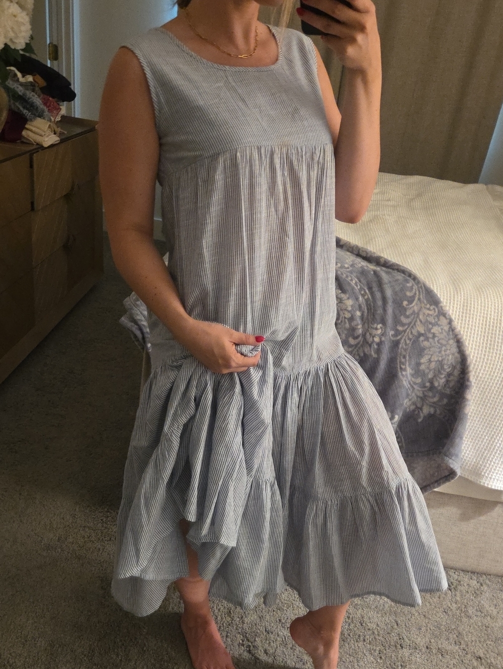 Shade Amour Blue Stripe Cotton Tiered Midi Maxi Dress Size Small Coastal - Picture 8 of 9